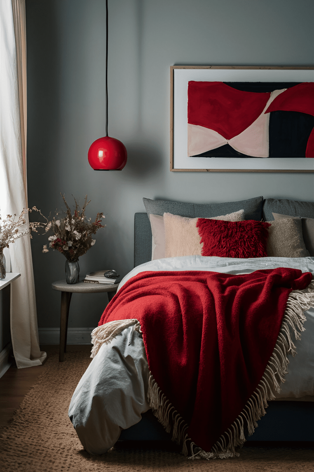 Cozy bedroom with a soft red throw or blanket draped over the bed or a chair adding warmth and comfort to the space