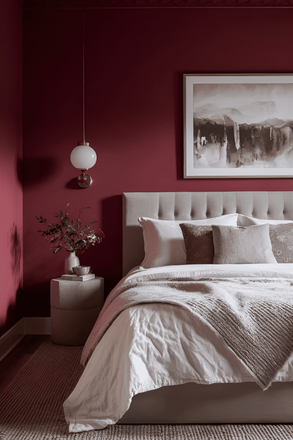 Cozy bedroom with all walls painted deep crimson red featuring neutral modern furniture and soft lighting