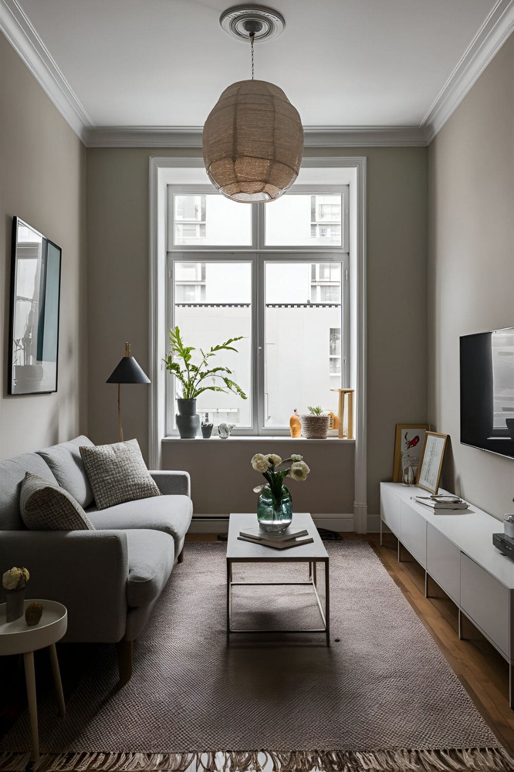 Cozy compact living room with an I-shaped layout showcasing a loveseat against one wall a slim entertainment unit opposite and a small coffee table