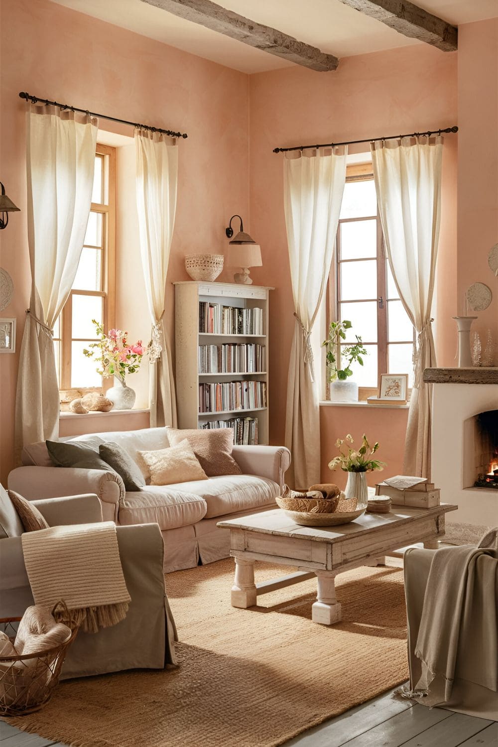 Cozy living room with light peach walls rustic furniture and charming decor in soft neutral tones