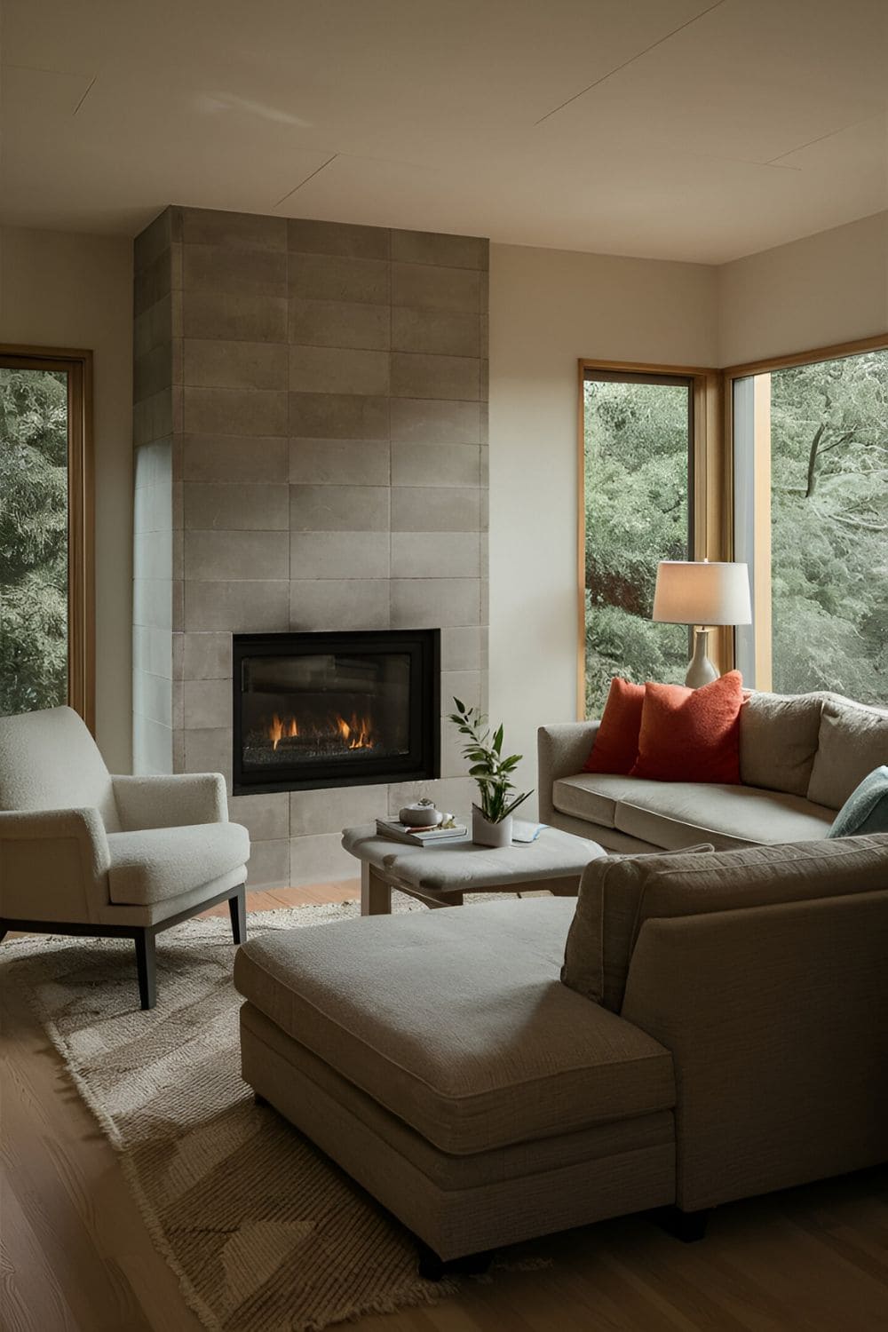 Cozy living room with sectional sofa angled towards off-center fireplace complemented by chairs flanking the fireplace