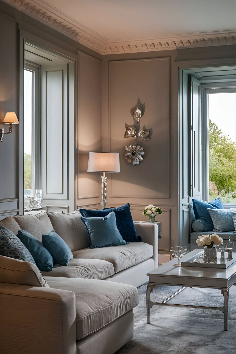 Cozy living room with soft gray walls plush sofa and elegant decor accents in shades of blue and silver