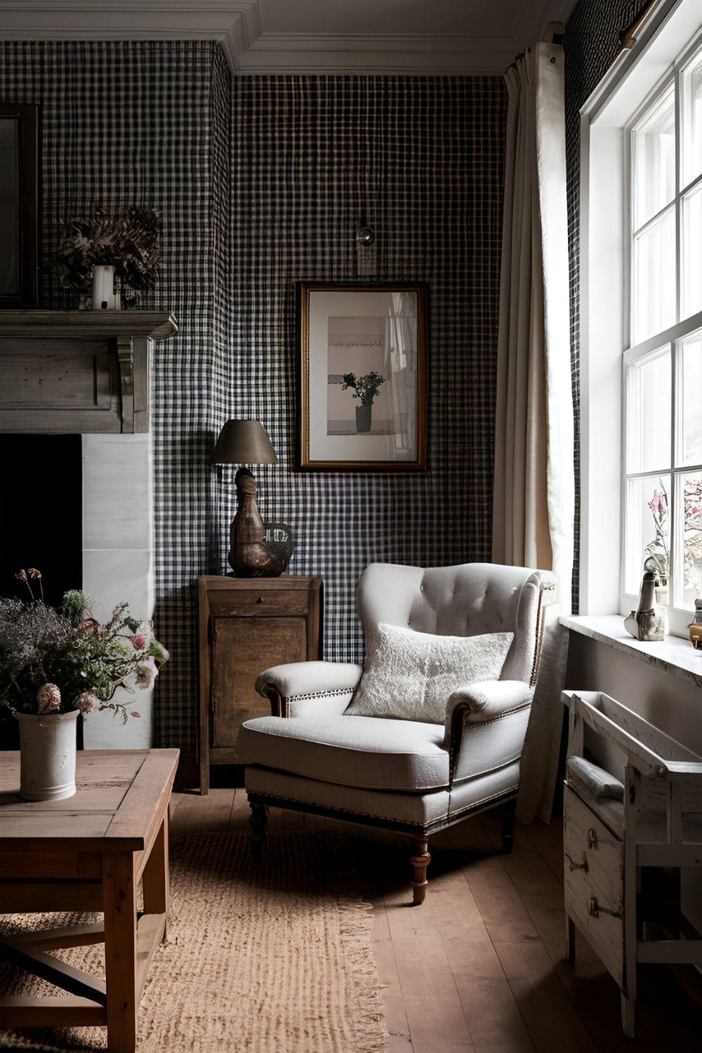 Cozy living room with vintage gingham wallpaper in classic black and white rustic wooden furniture and a comfy armchair by the window