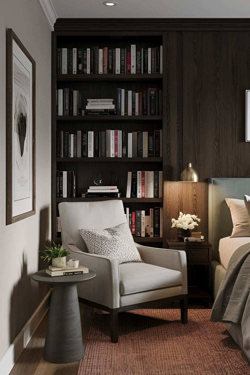 Cozy reading nook with a dark wood bookshelf comfortable chair side table and soft lighting in a bedroom corner