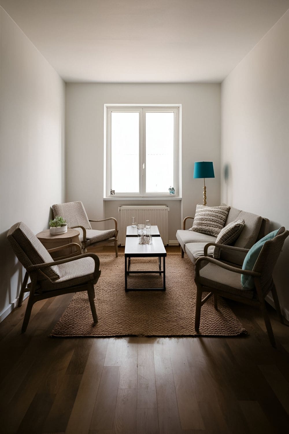 Cozy small living room with floating furniture including a sofa and chairs around a central coffee table a rug defining the area and walls free of furniture