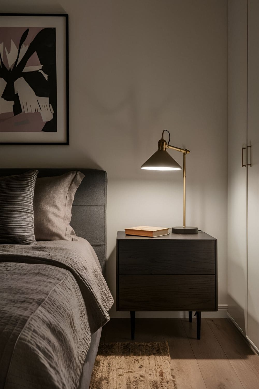 Dark wood nightstands with modern lamps and books in a cozy bedroom with minimalist decor