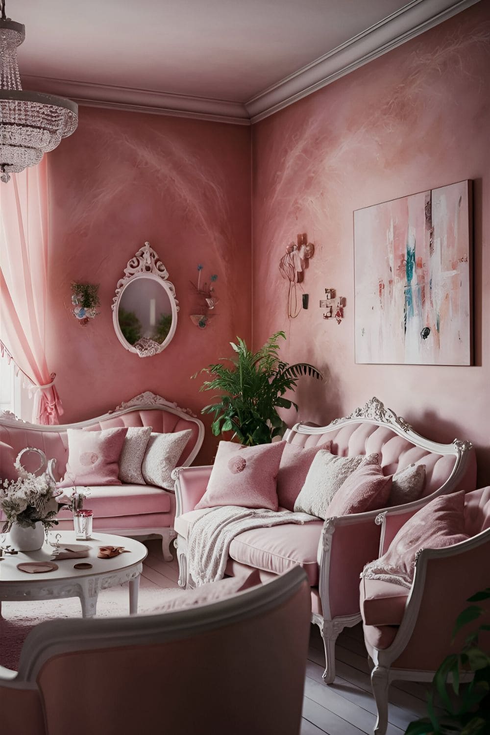 Delightful living room with soft pink walls elegant furniture and whimsical decor in pastel shades