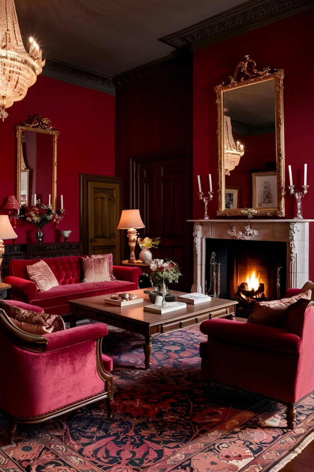 Dramatic living room with deep red walls classic furniture and rich warm decor accents