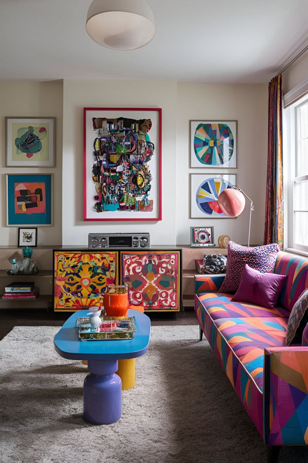 Eclectic colorful I-shaped living room layout featuring a vibrant sofa quirky coffee table colorful artwork eclectic accessories and a unique media center