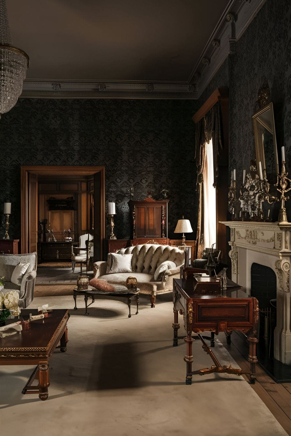 Elegant living room with luxurious Victorian damask wallpaper in rich tones antique wooden furniture and a crystal chandelier