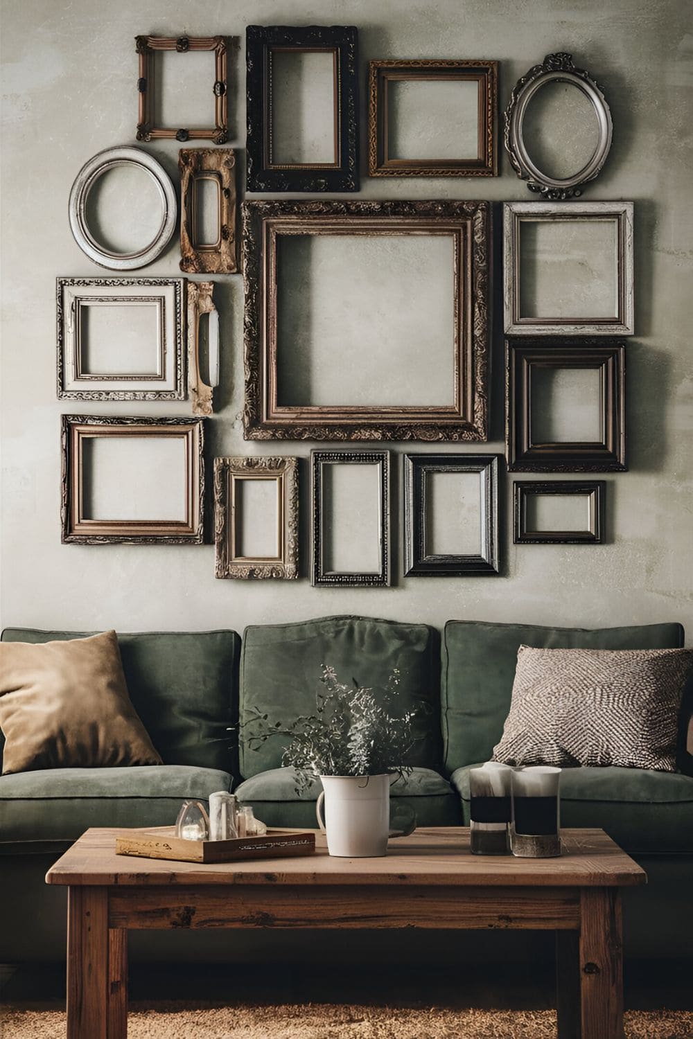 Empty vintage frames arranged on a living room wall with a shabby-chic style