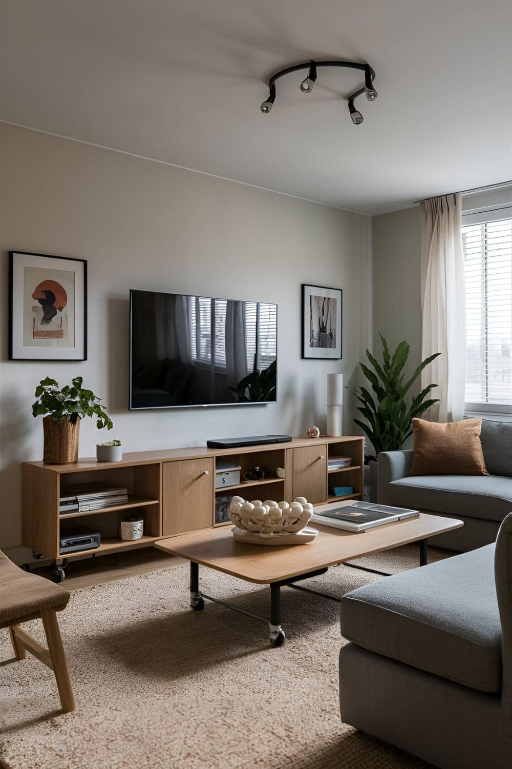 Flexible living room featuring a TV stand on wheels for easy movement