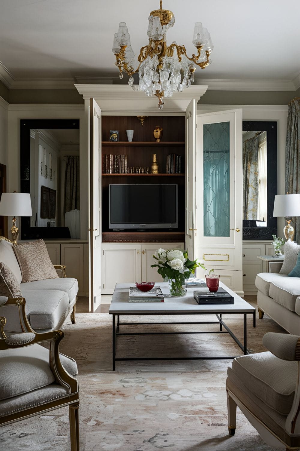 Formal living room with a TV hidden in a cabinet elegant furniture focused on conversation