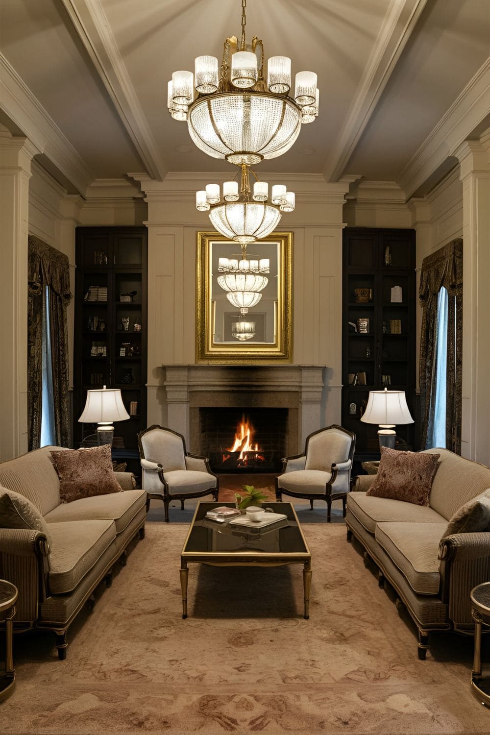 Formal living room with two identical sofas facing each other fireplace at one end coffee table in center accent chairs and luxurious fabrics