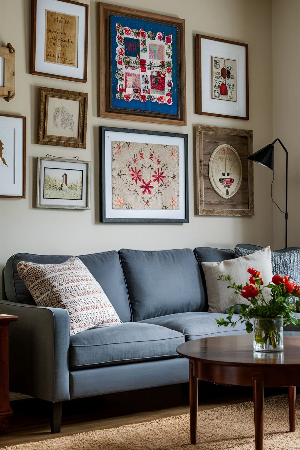 Framed family heirlooms including a quilt embroidery and vintage portraits on a gallery wall