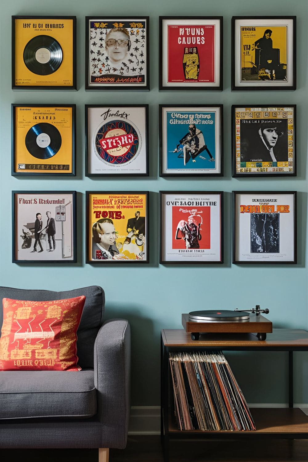 Framed vintage album covers creating a nostalgic display on a living room wall