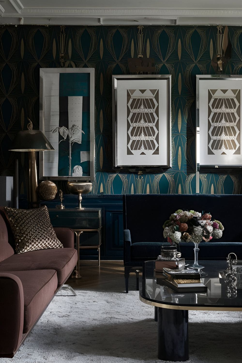 Glamorous living room with bold Art Deco wallpaper in deep colors and metallic accents sleek furniture and vintage decorative pieces