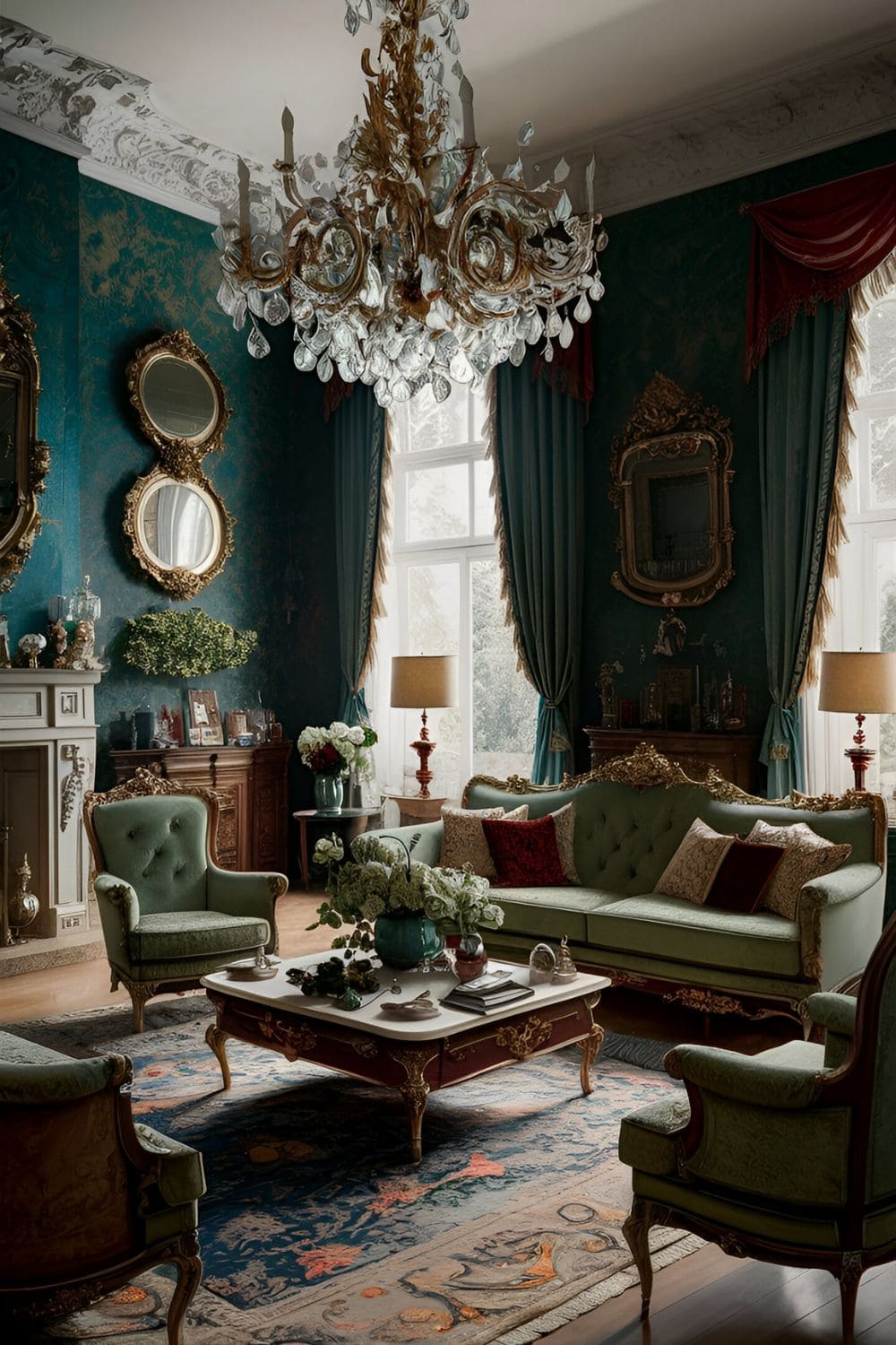 Grand living room with opulent Victorian wallpaper in rich colors plush fabrics ornate furniture and a magnificent chandelier