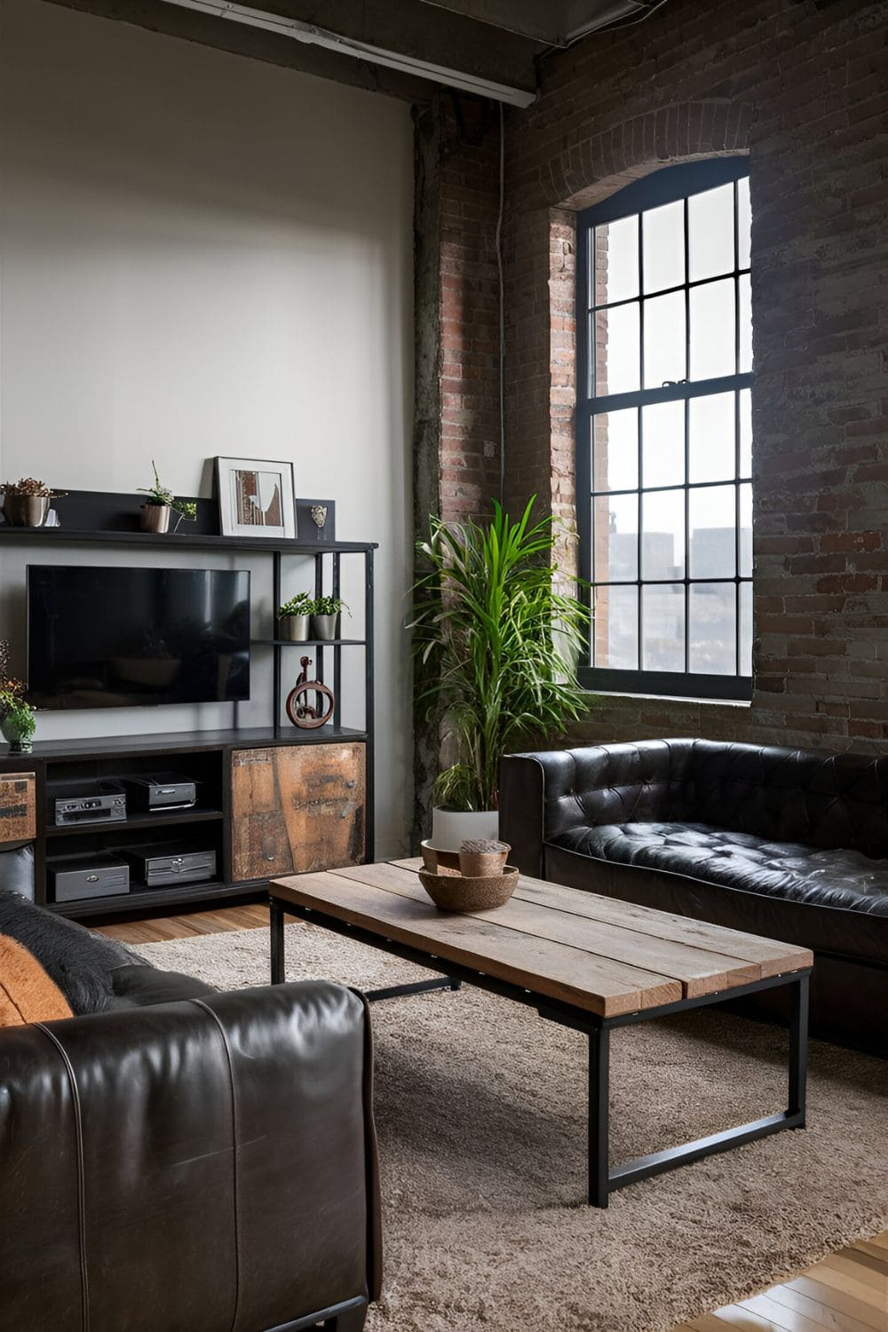 Industrial chic I-shaped living room layout with a leather or metal-framed sofa a reclaimed wood and metal coffee table a media unit with an industrial design and exposed brick walls