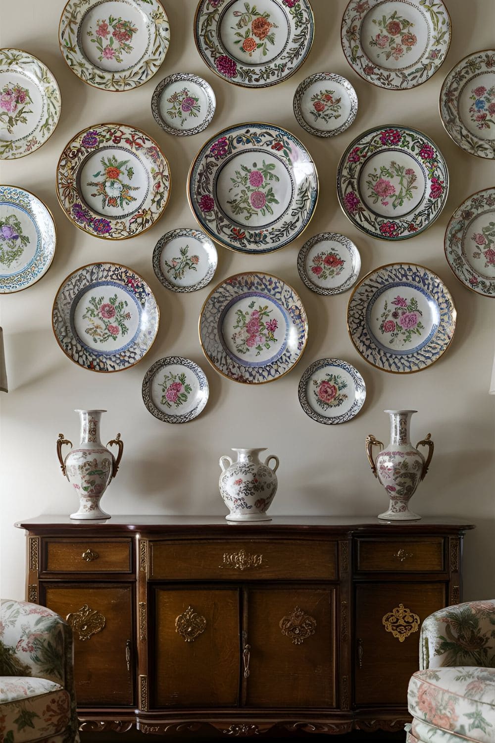 Intricately designed antique plates arranged on a living room wall above a wooden sideboard