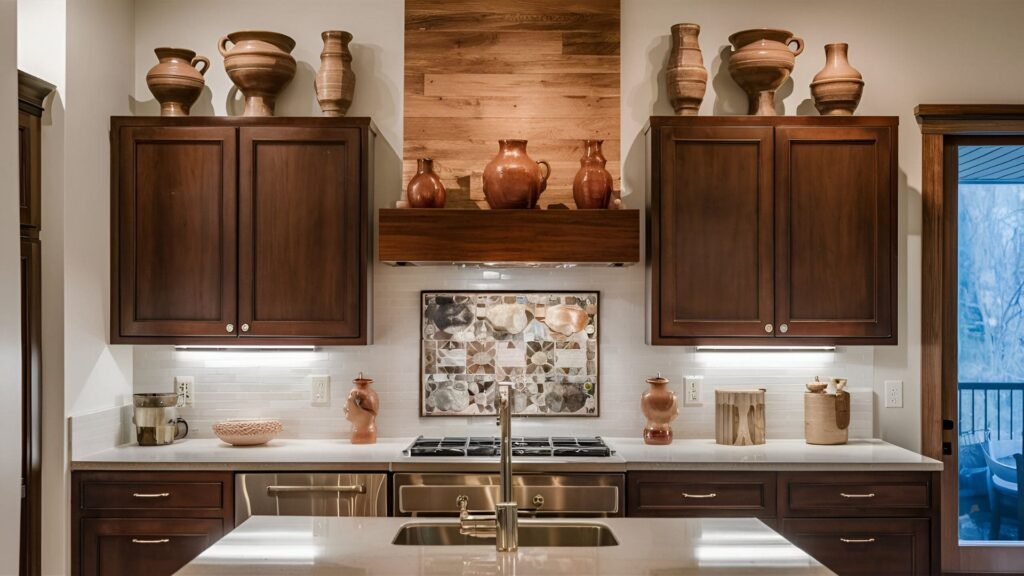 Kitchen With Aesthetic Decor On Top Of Cabinets