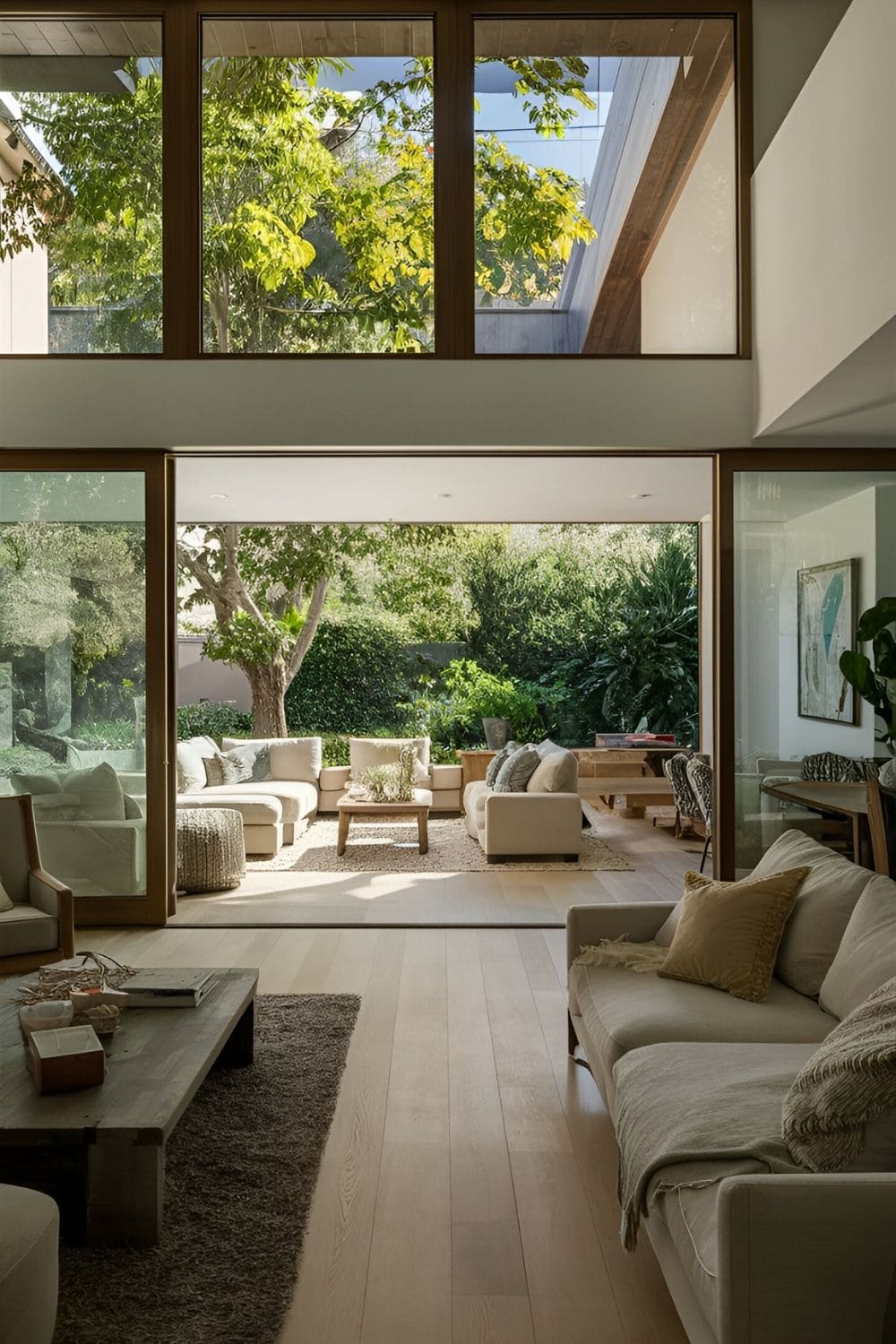 Large living room blending indoor and outdoor spaces with large glass doors connecting to a garden or patio furniture arranged to face the view and plants to bring nature inside