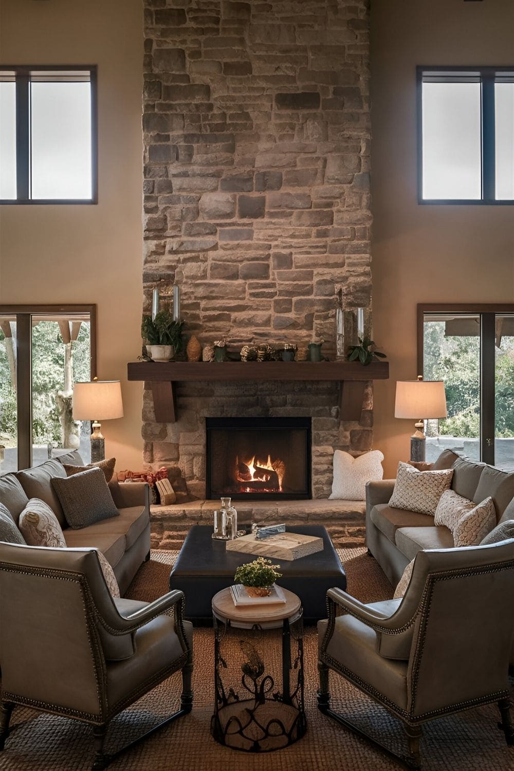 Large living room centered around a fireplace with seating arranged to face it and a mantelpiece decorated to enhance the warm and inviting atmosphere