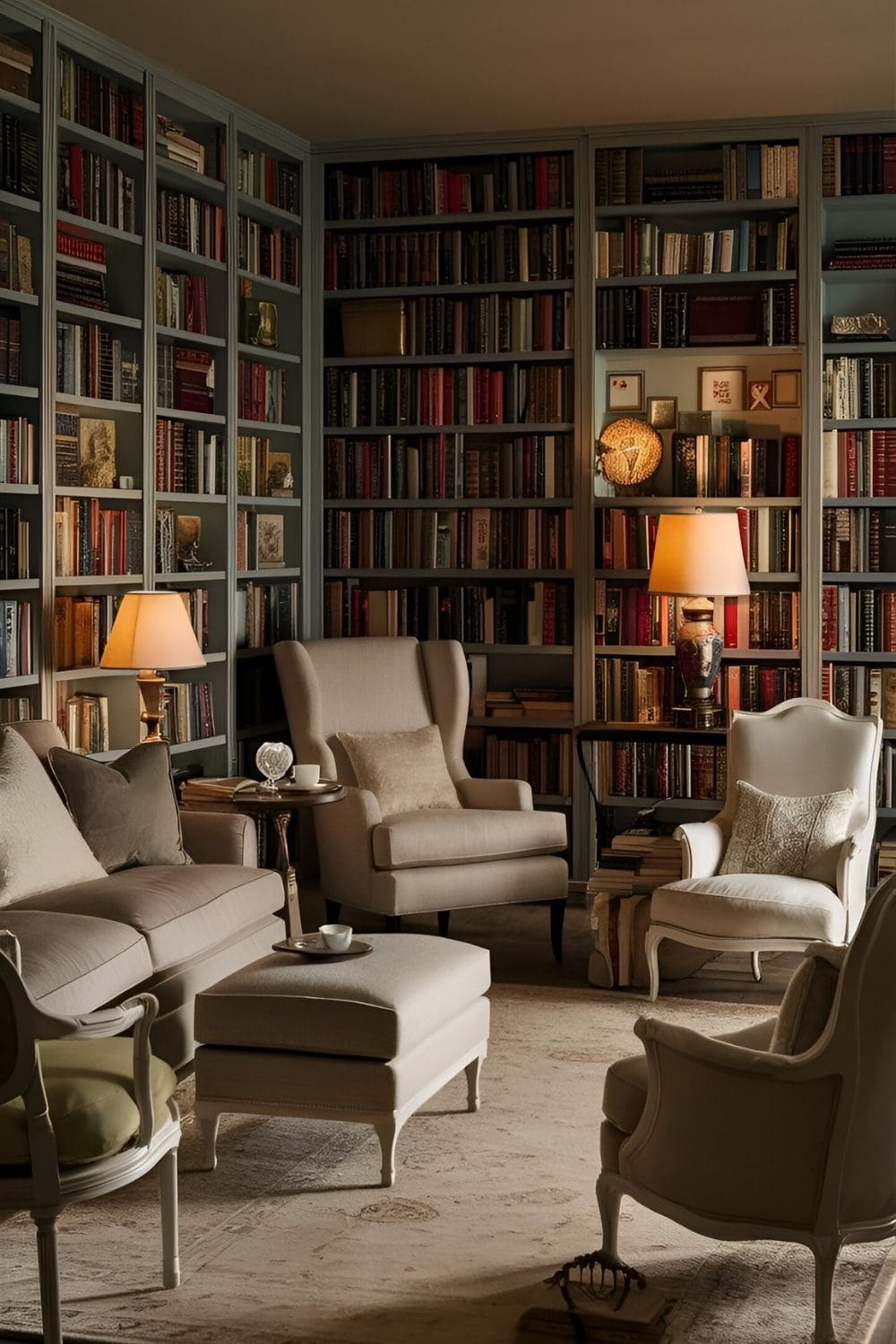 Large living room designed as a library lounge with bookshelves lining one wall a comfortable reading chair and small side table and a cozy sofa and chairs for a versatile space