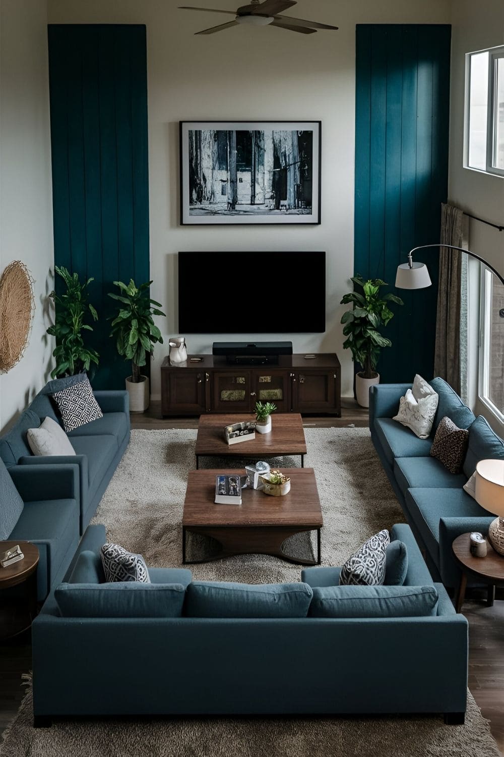 Large living room with a TV-centric layout featuring a TV mounted on the wall or placed on a stand with seating arranged in a semi-circle for comfortable viewing