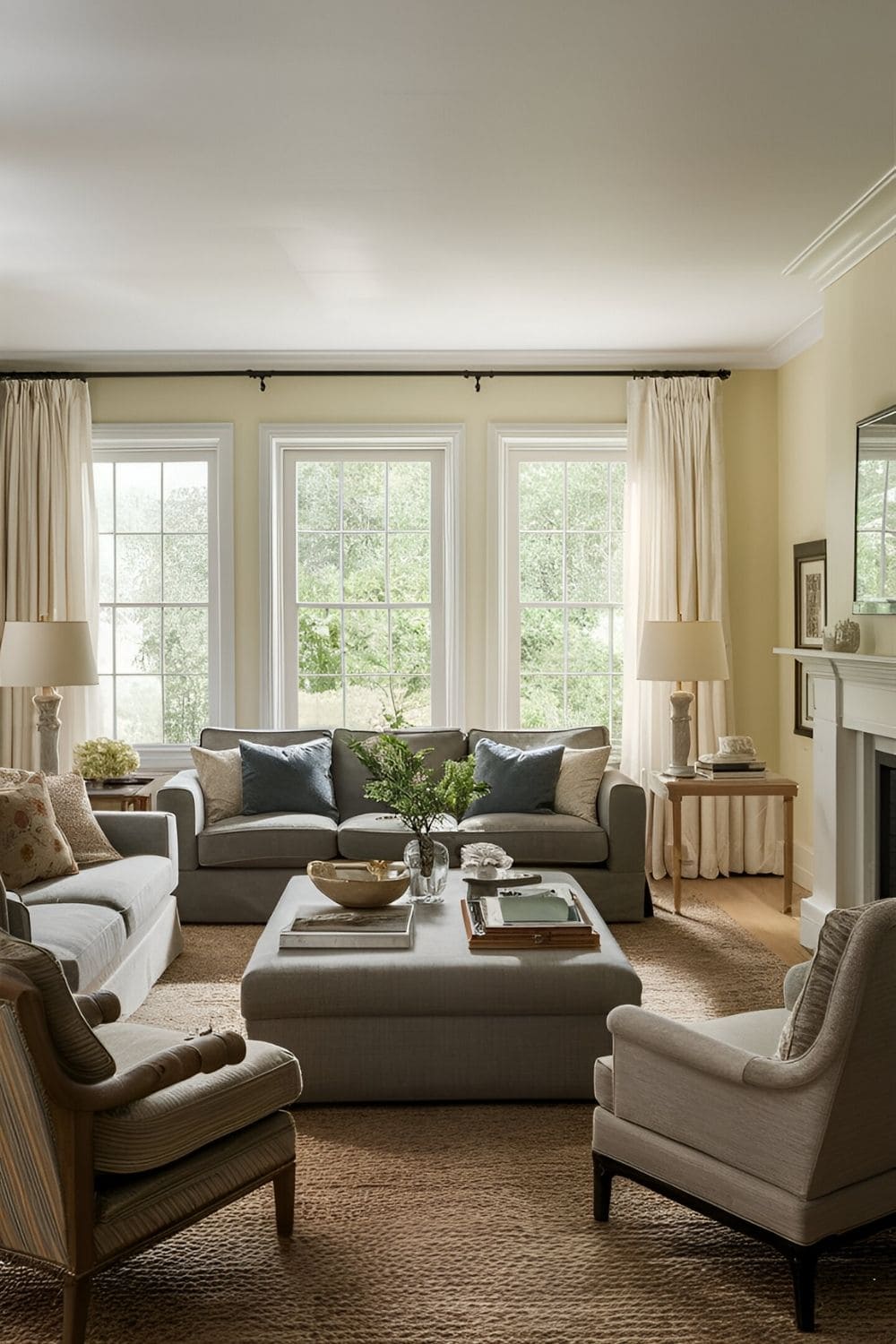 Large living room with a classic sofa setup featuring a substantial sofa against one wall two armchairs opposite and a large coffee table in between creating a cozy and inviting atmosphere