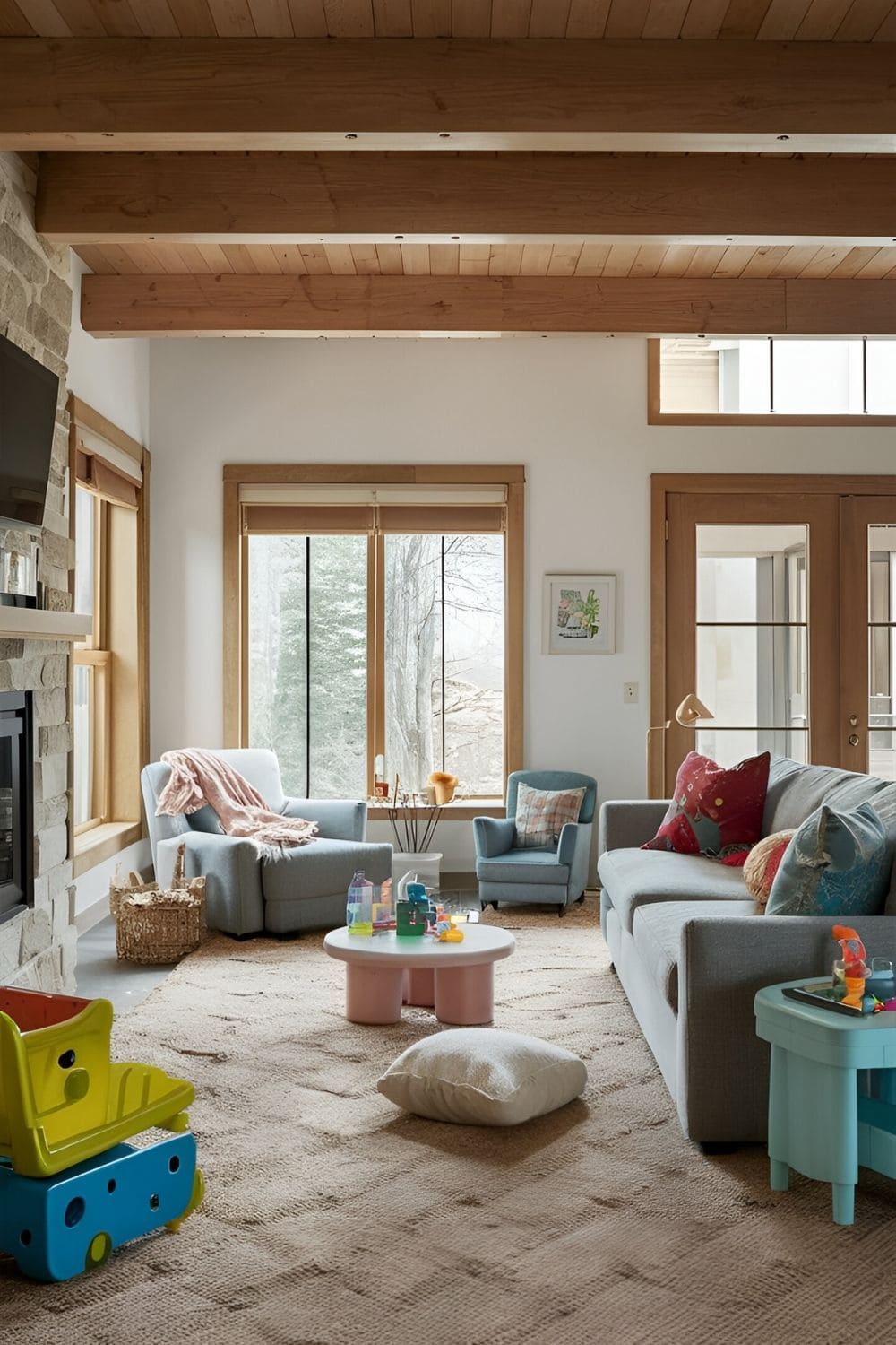 Large living room with a kid-friendly layout featuring soft and sturdy furniture a play area with a small table and chairs and plenty of open space for movement