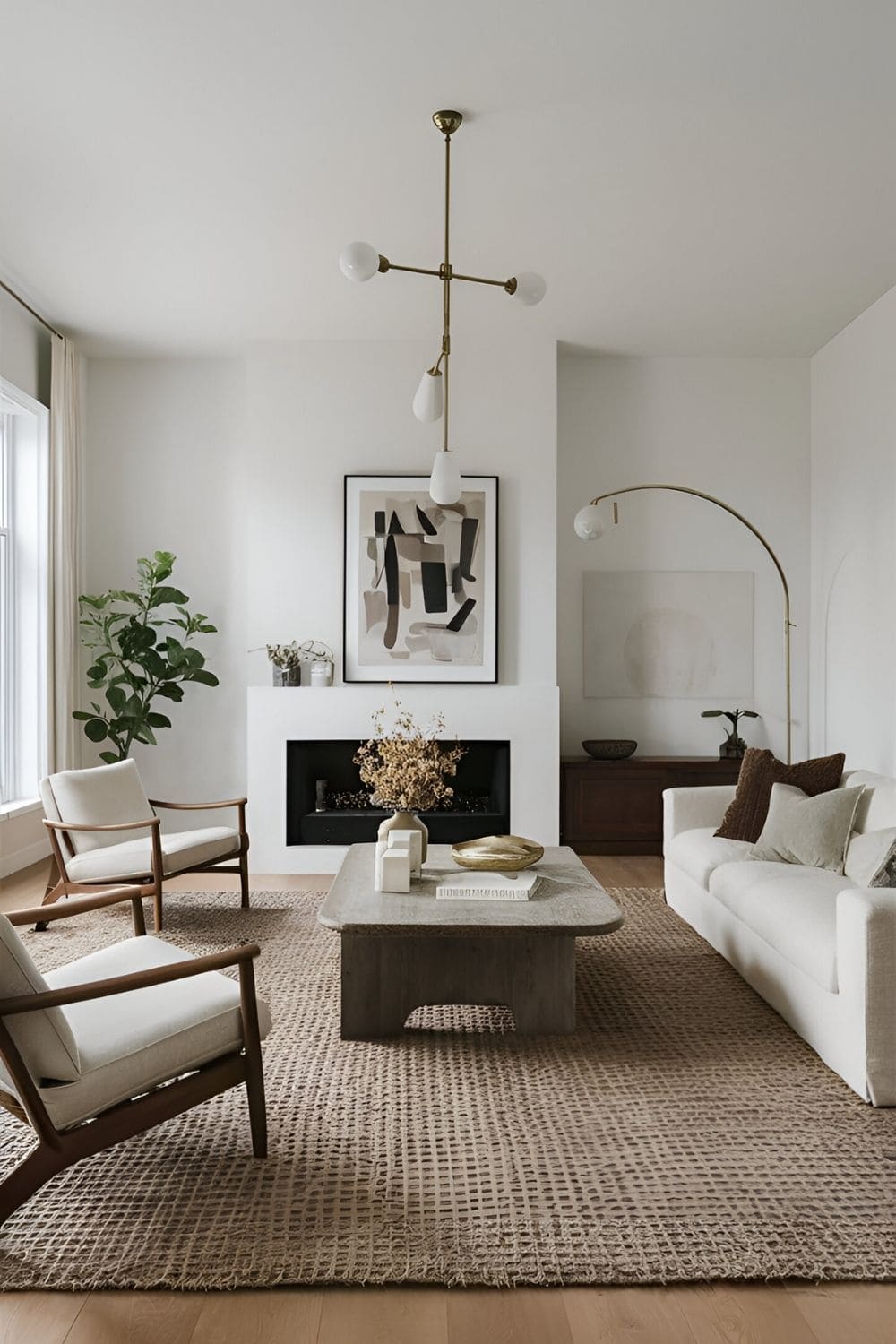 Large living room with a minimalist design featuring a few high-quality pieces of furniture a neutral color palette and plenty of negative space for a clean serene environment