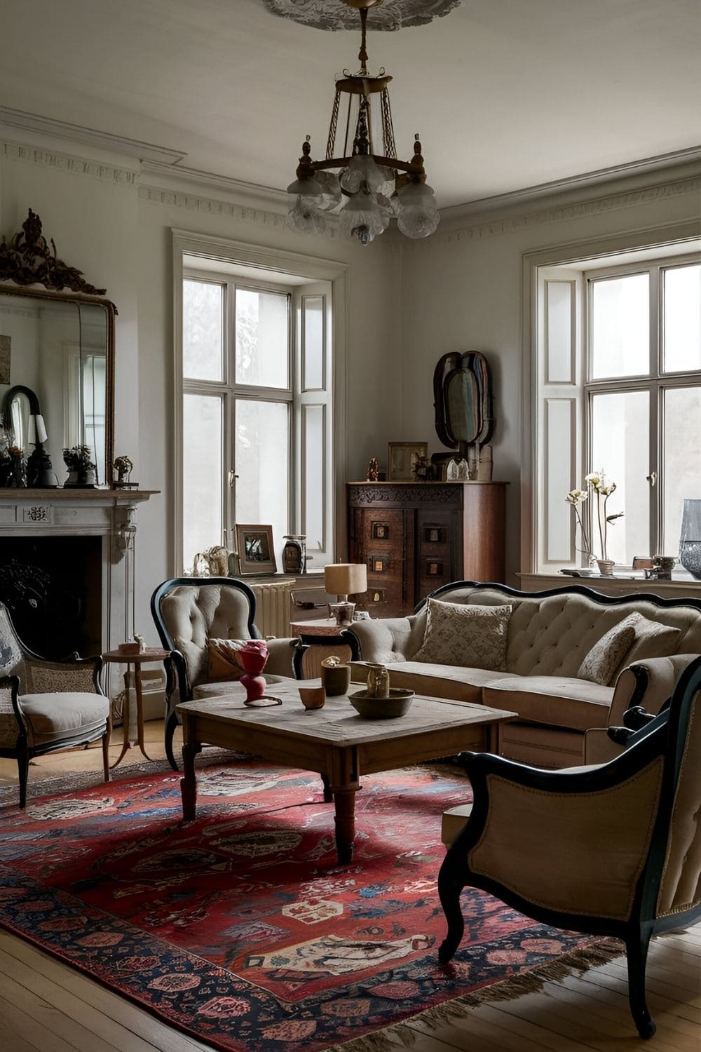 Large living room with a vintage vibe combining antique furniture with modern items including a vintage rug old wooden coffee table and classic sofa exuding charm and character