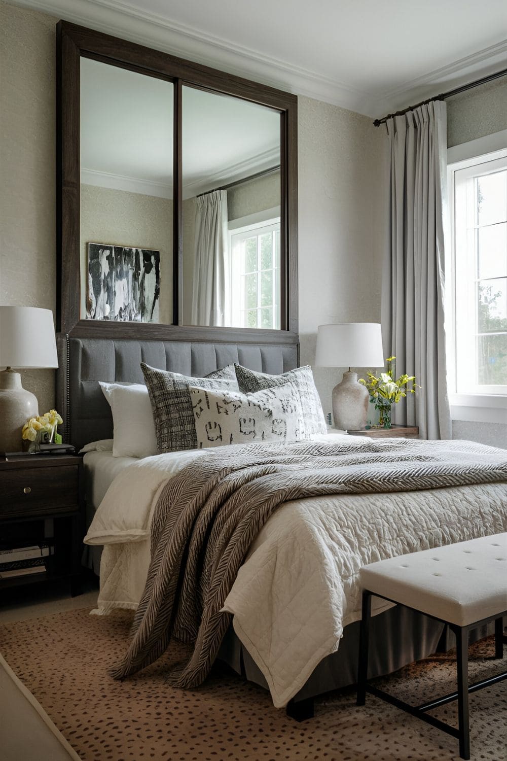 Large mirror with a dark wood frame in a bedroom reflecting natural light and enhancing the sense of space