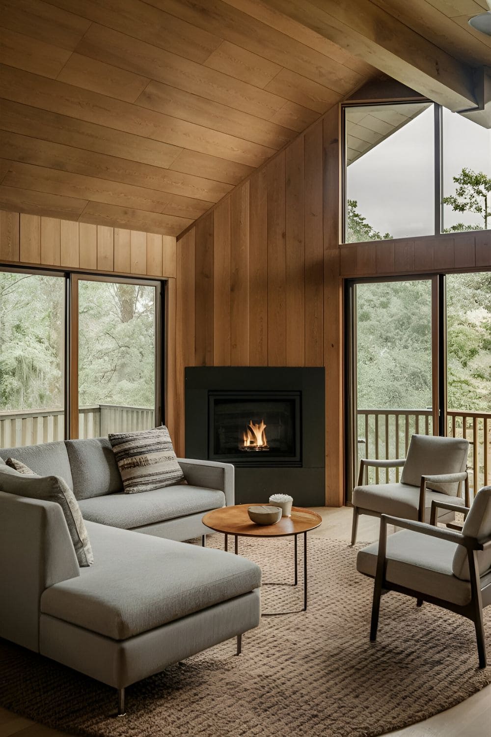 Living room featuring corner fireplace sectional sofa following rooms contours facing fireplace and chairs opposite fireplace for balance