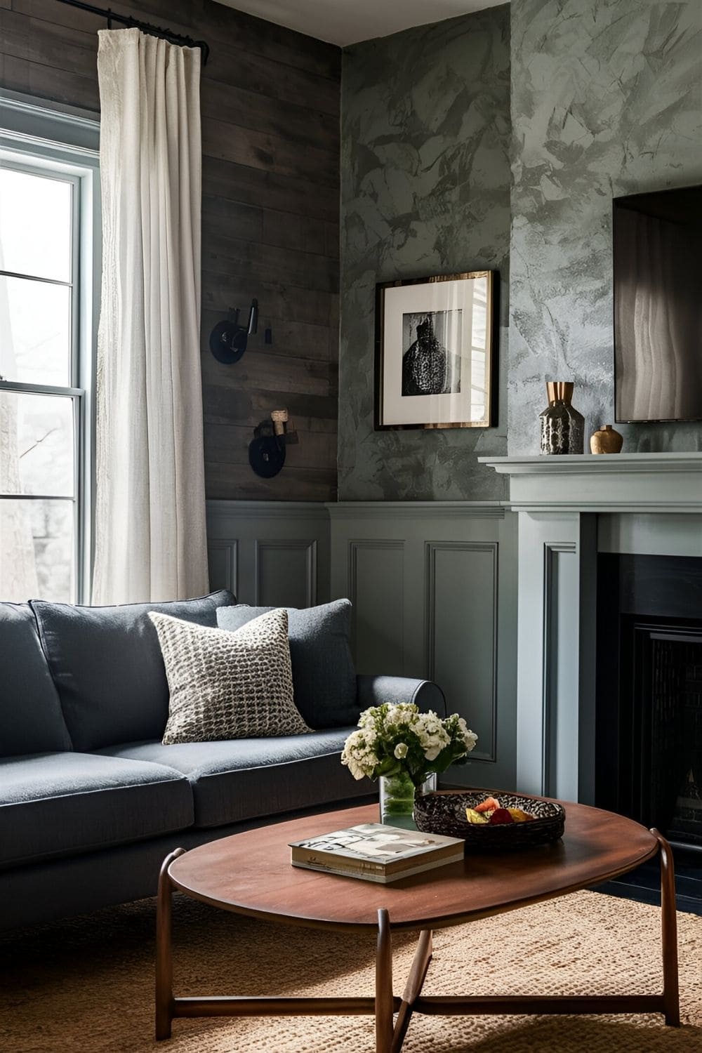 Living room featuring textured gray walls with elements like shiplap wainscoting or textured paint finishes adding depth and interest