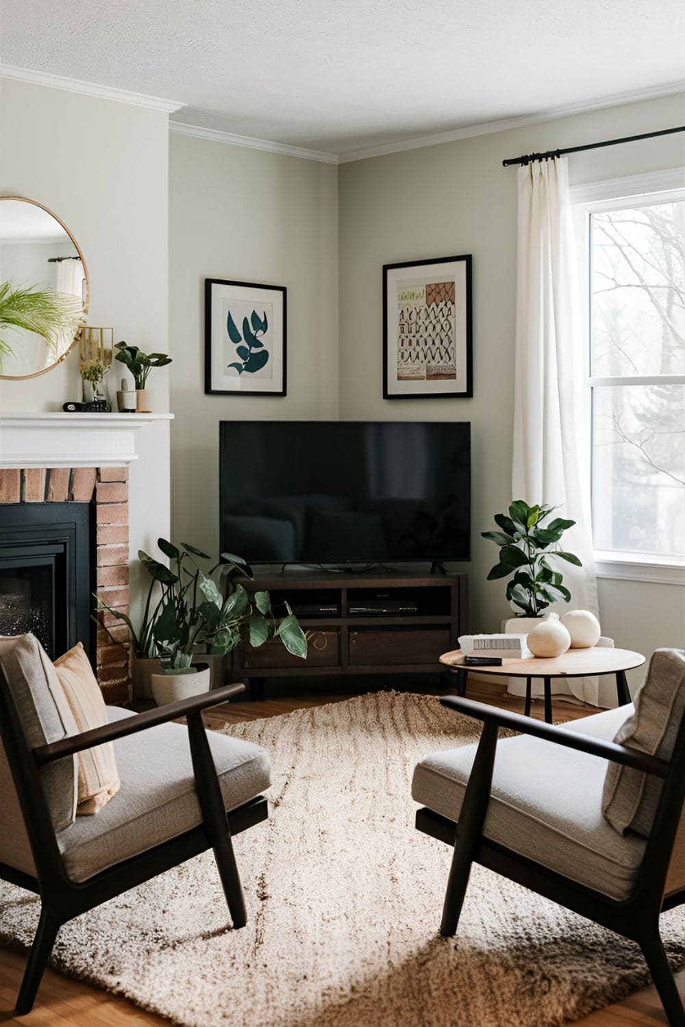 Living room with a TV placed in a corner furniture angled towards the TV