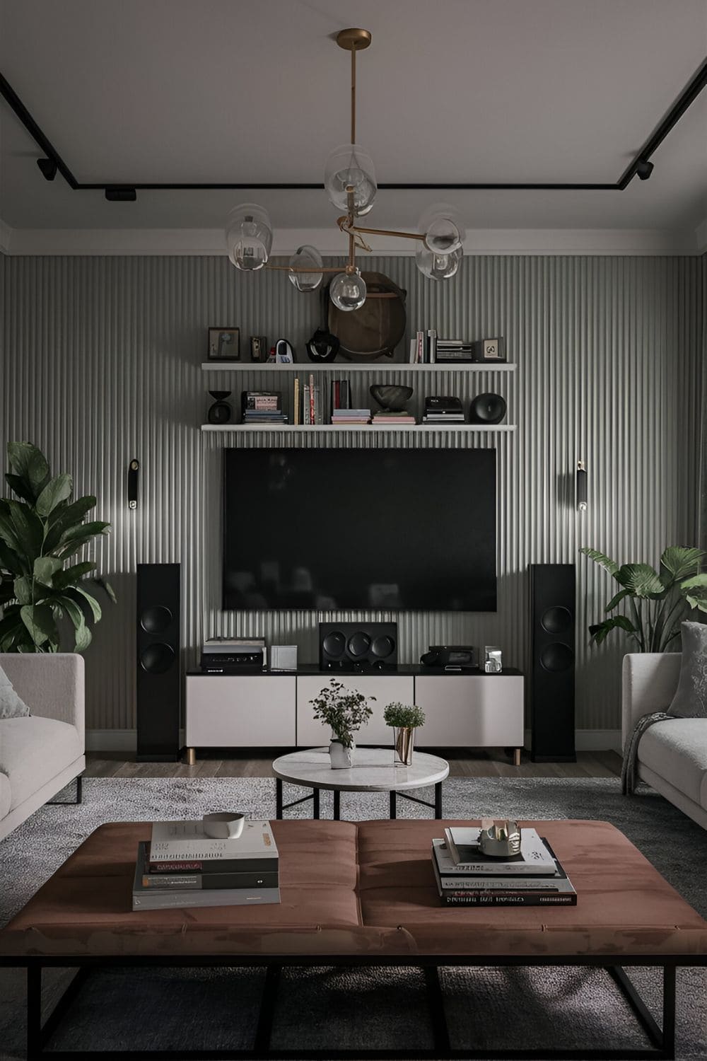 Living room with an entire wall dedicated to media including a TV speakers and storage