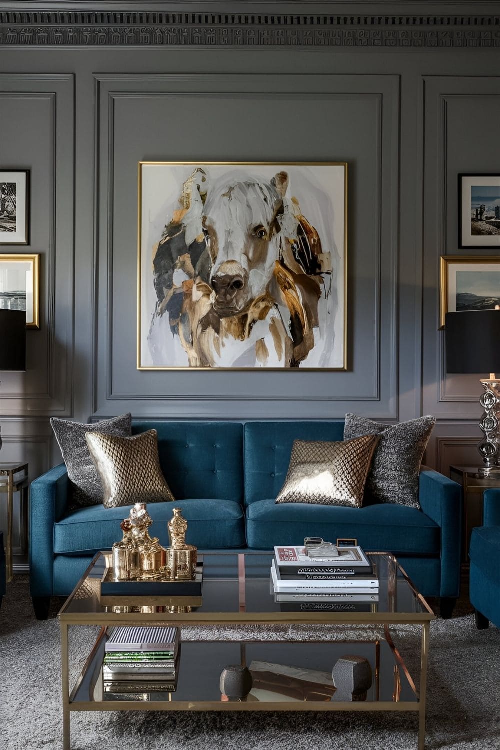 Living room with gray walls and metallic accents such as gold silver and bronze including picture frames lamps and decor