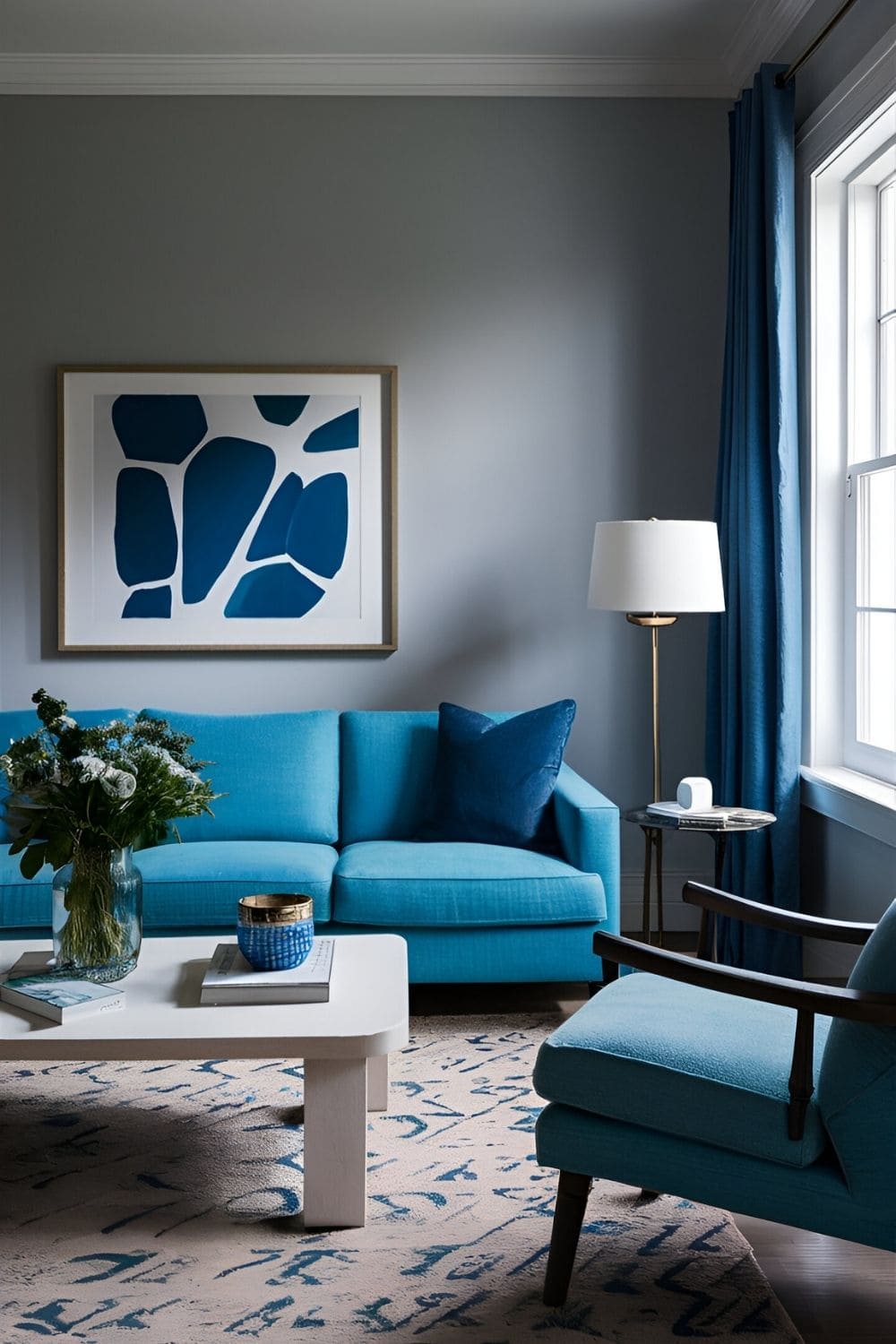 Living room with gray walls and various shades of blue in furniture artwork and textiles creating a calm and soothing environment