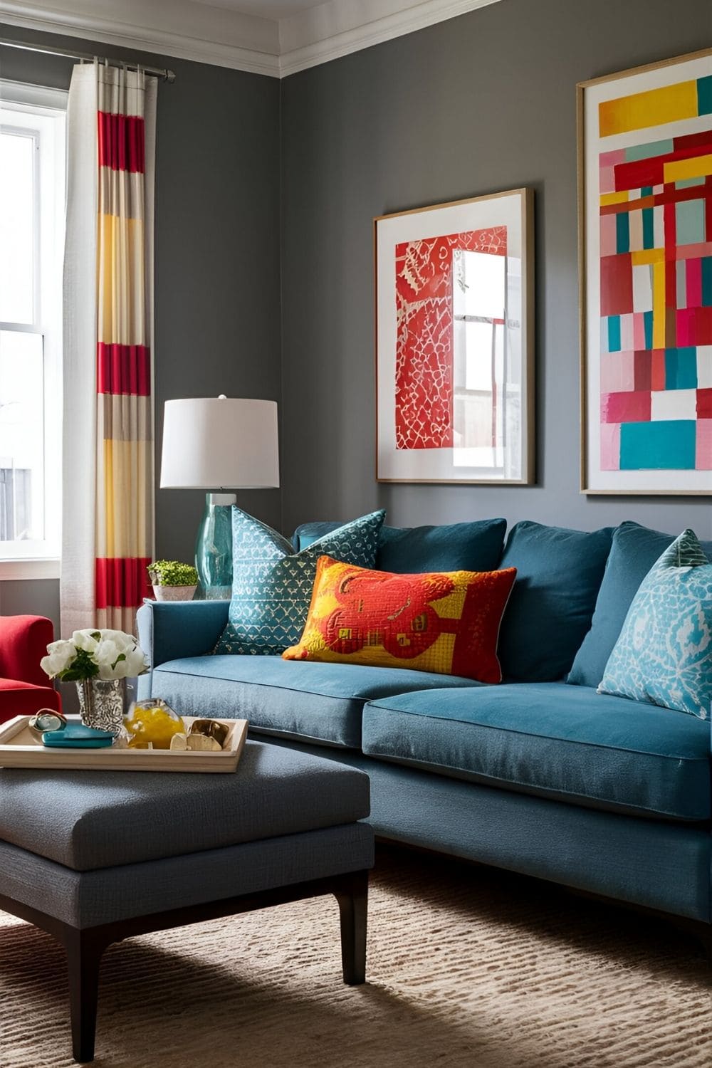 Living room with gray walls and vibrant accents in red yellow and teal including colorful pillows artwork and decor