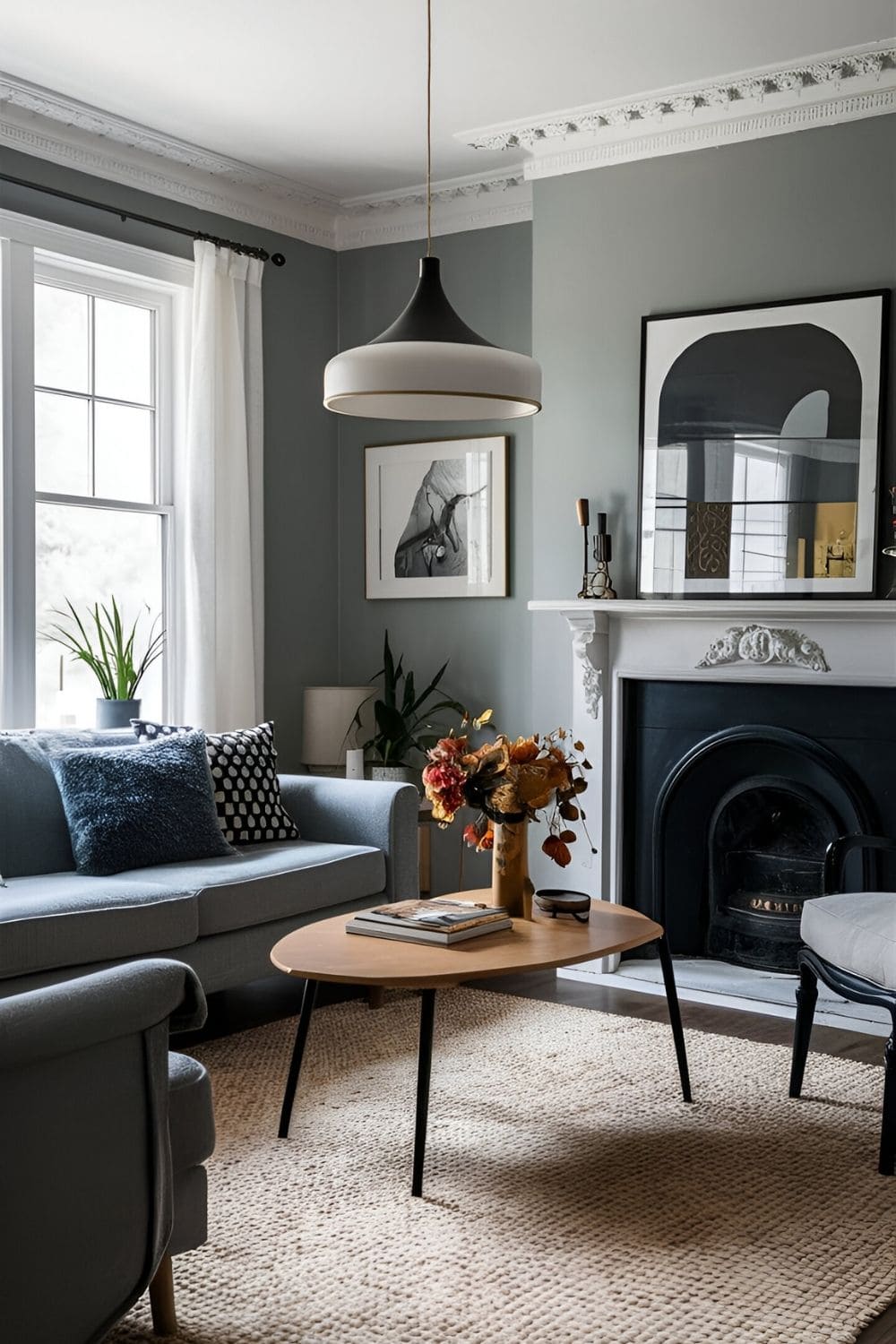 Living room with gray walls black and white accents and a blend of modern and traditional styles for a timeless chic look