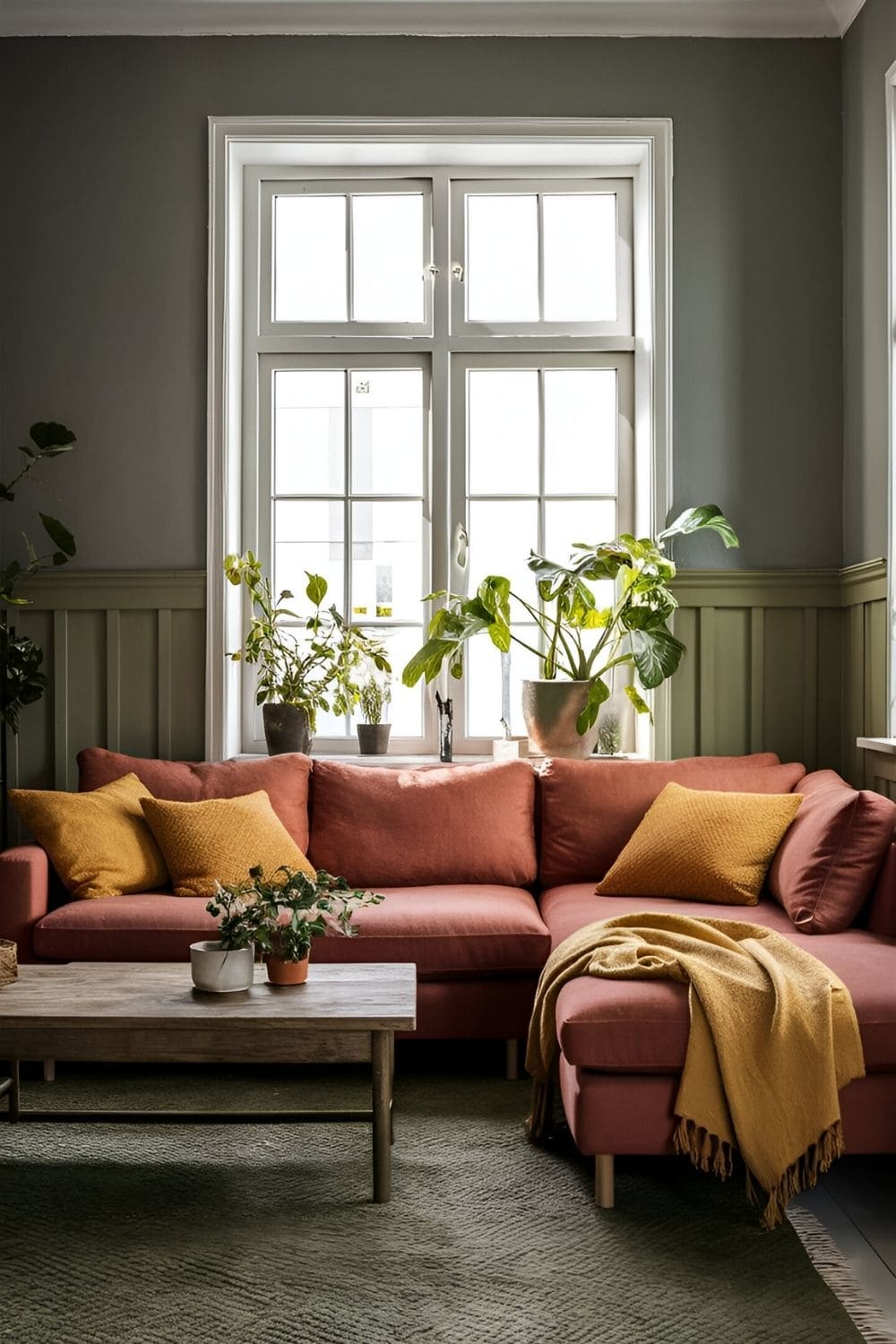 Living room with gray walls complemented by earth tones like terracotta olive green and mustard yellow creating a grounded and cozy space