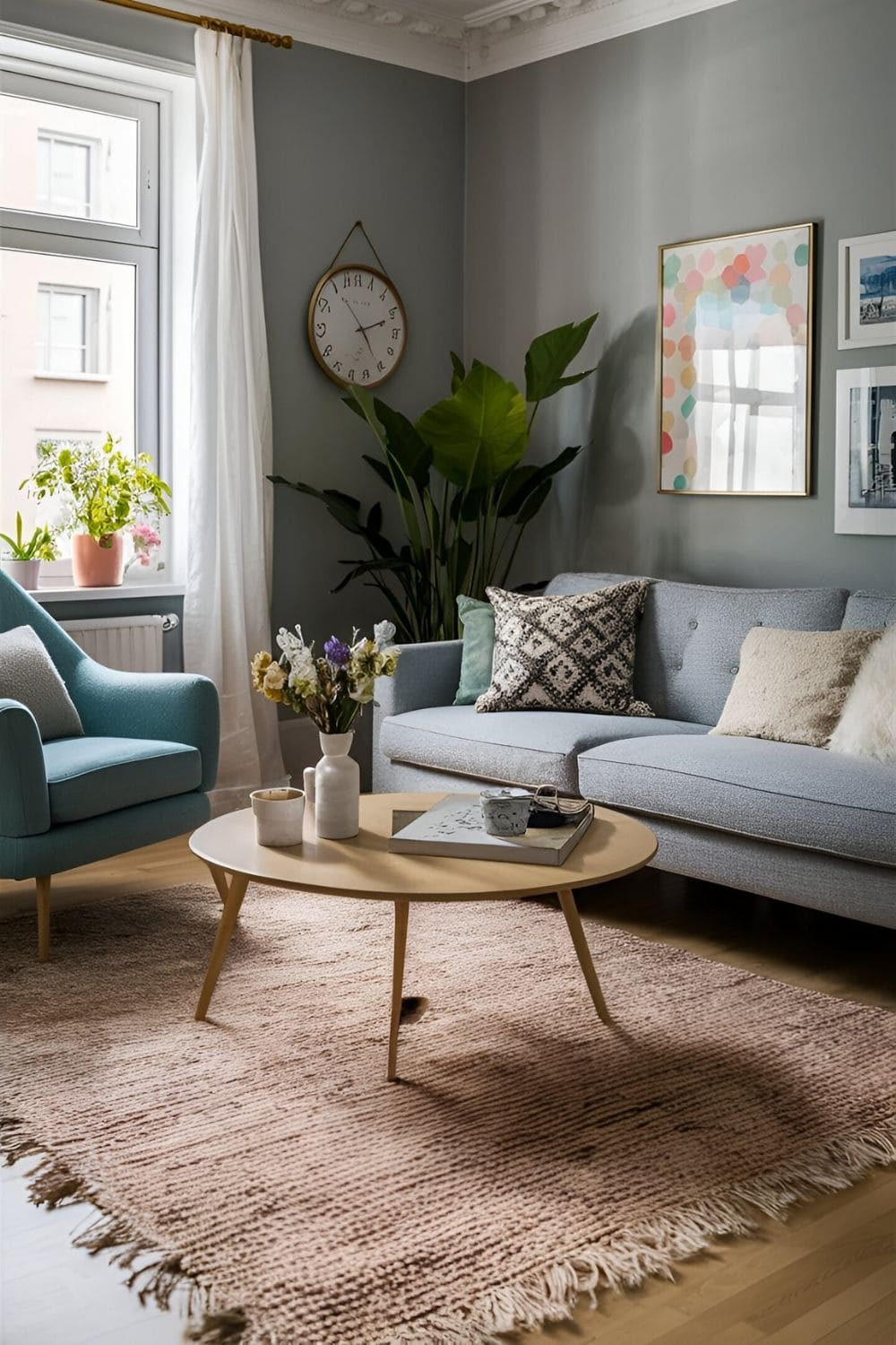 Living room with gray walls complemented by pastel colors like light pinks blues and greens creating a soft and calming atmosphere