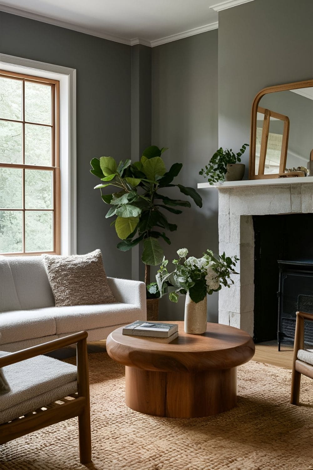 Living room with gray walls wooden furniture natural stone accents and greenery creating a balanced and harmonious space