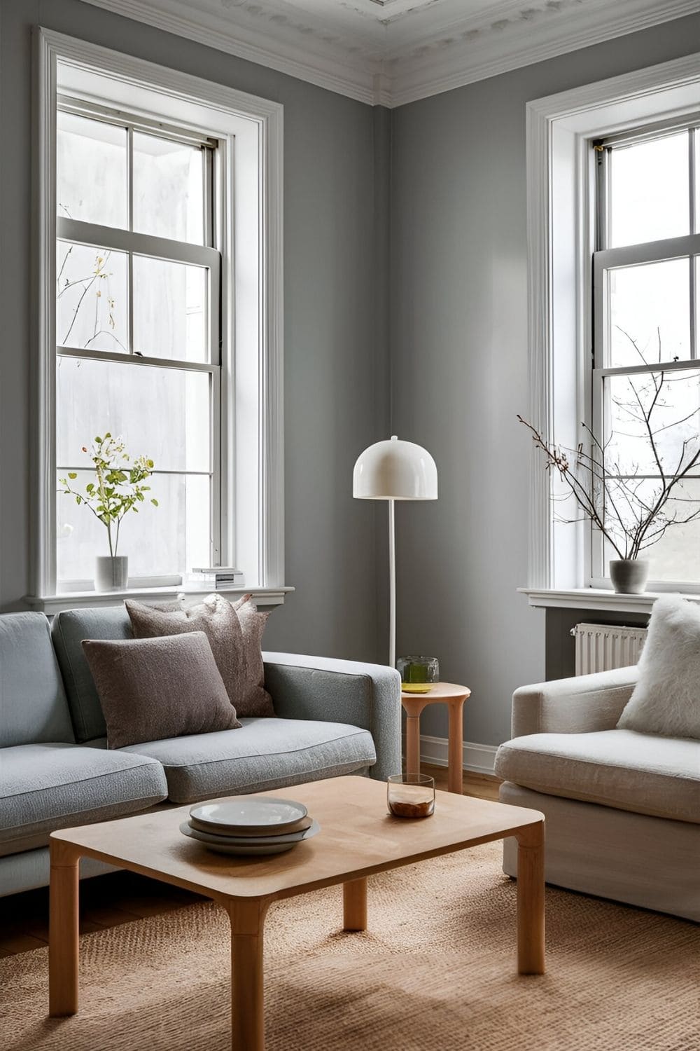 Living room with light gray walls and white trim featuring minimalist furniture and large windows allowing natural light