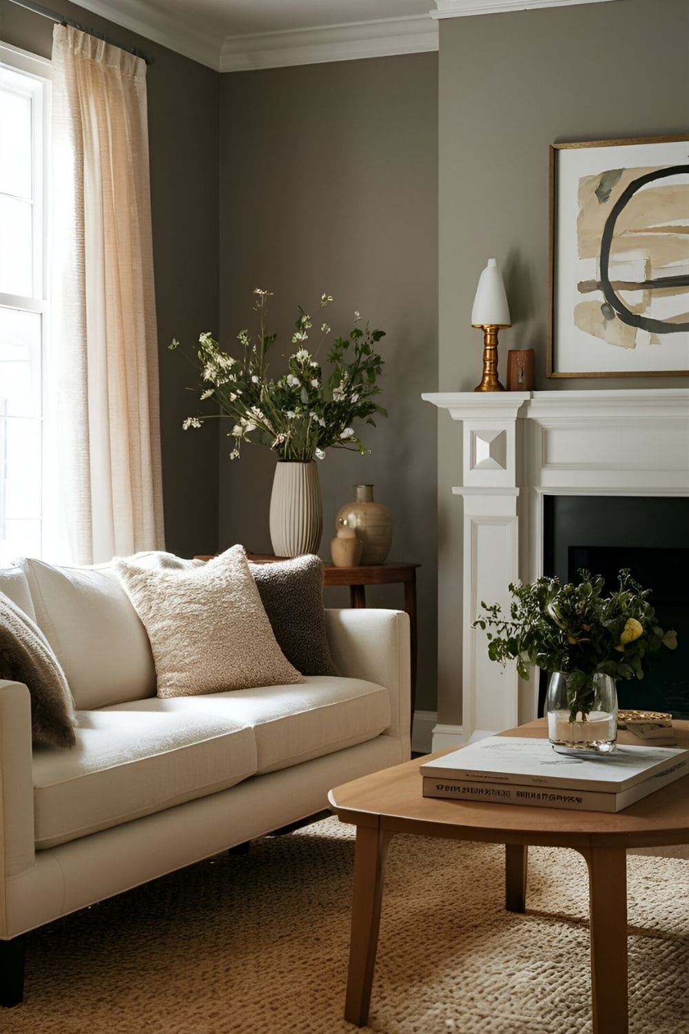 Living room with warm gray walls hints of beige or brown and neutral furniture with soft textures creating a cozy atmosphere