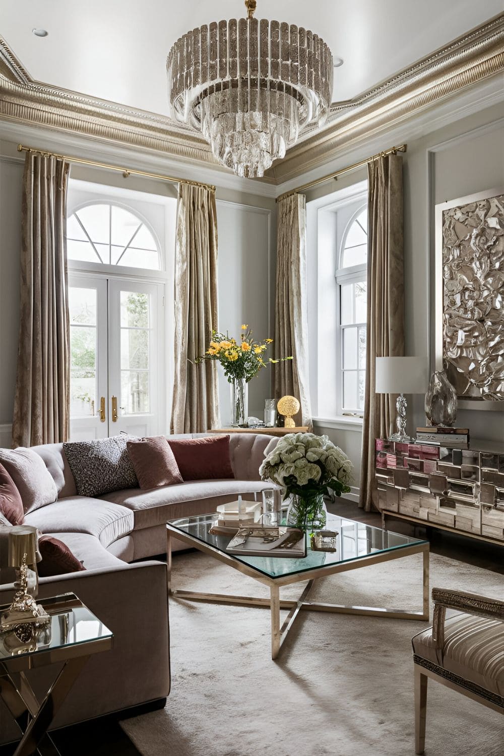 Luxe glamorous I-shaped living room layout with a plush sofa a glass coffee table metallic accents luxurious accessories and a glamorous media console