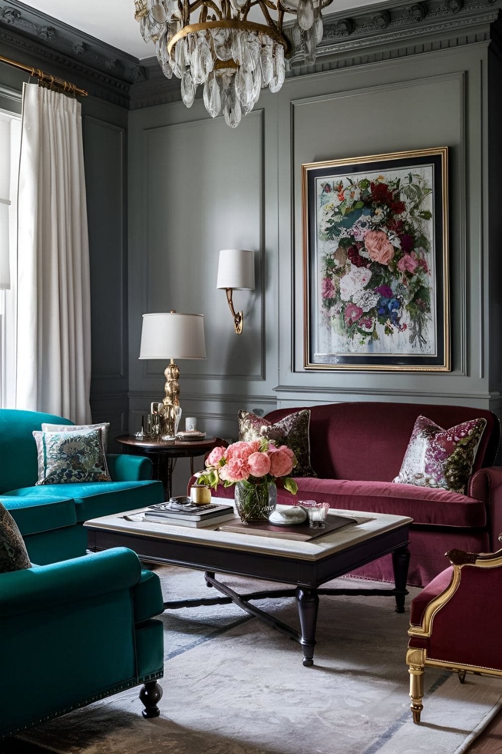 Luxurious living room with gray walls and jewel tones such as emerald sapphire and ruby in furniture pillows and artwork