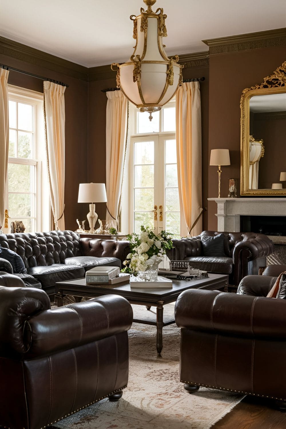 Luxurious living room with rich brown walls leather furniture and opulent decor accents in gold and cream